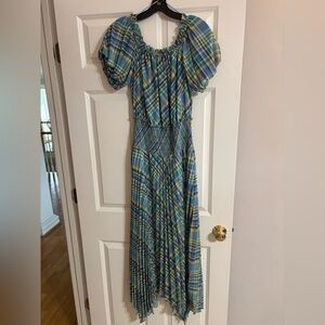 Ramy Brook Blue and Green Plaid Off-Shoulder Maxi Dress